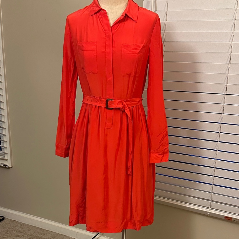 J. Crew Red Long Sleeve Belted Shirt Dress 100% SILK NWT